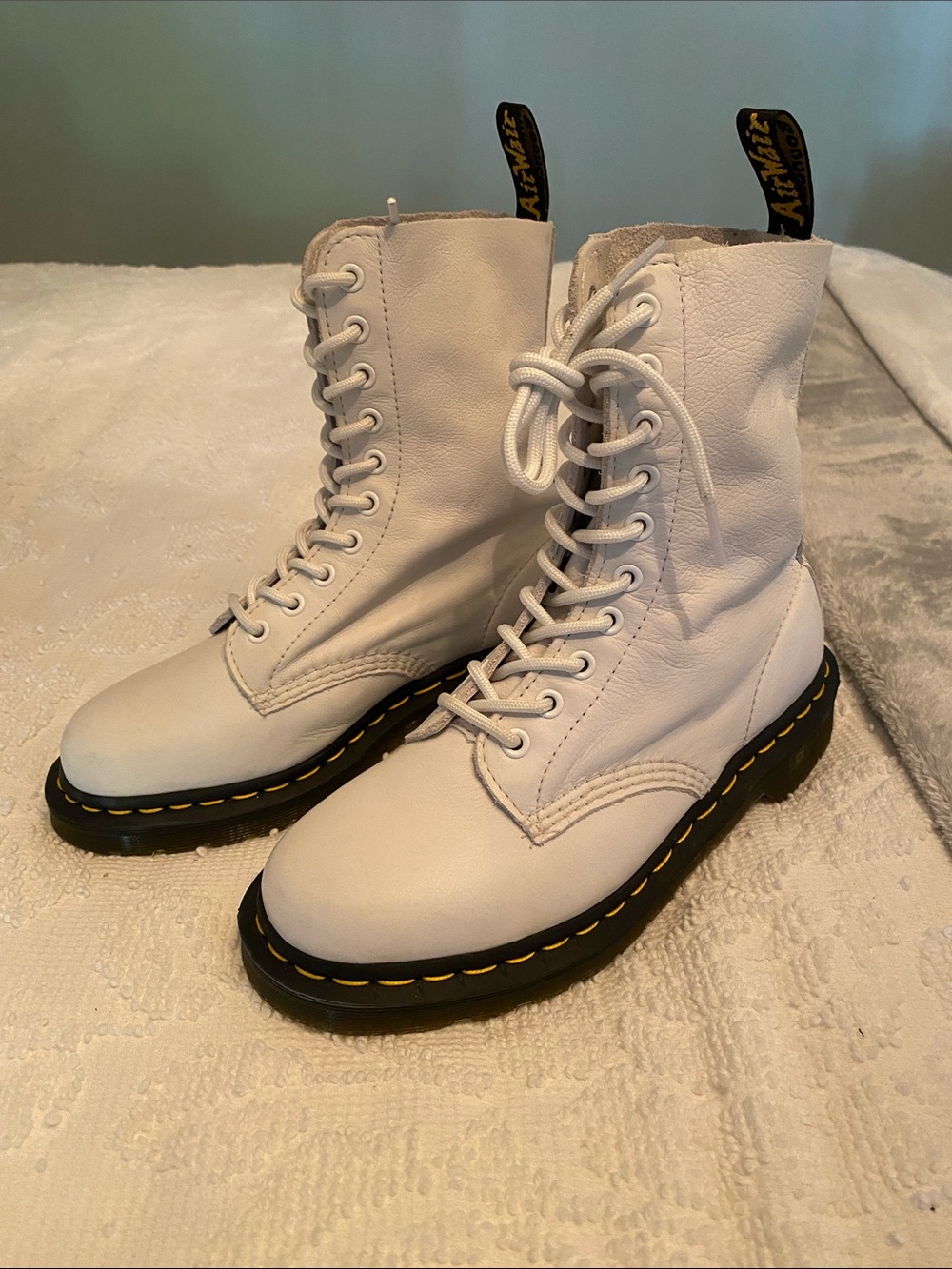 Dr. Martens White Leather 10 Eye Lace-Up Boots with Yellow Stitching